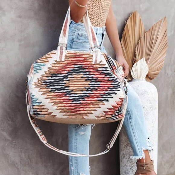 New Aztec Woven Tribal Boho Duffle Bag Weekender - Picture 2 of 7